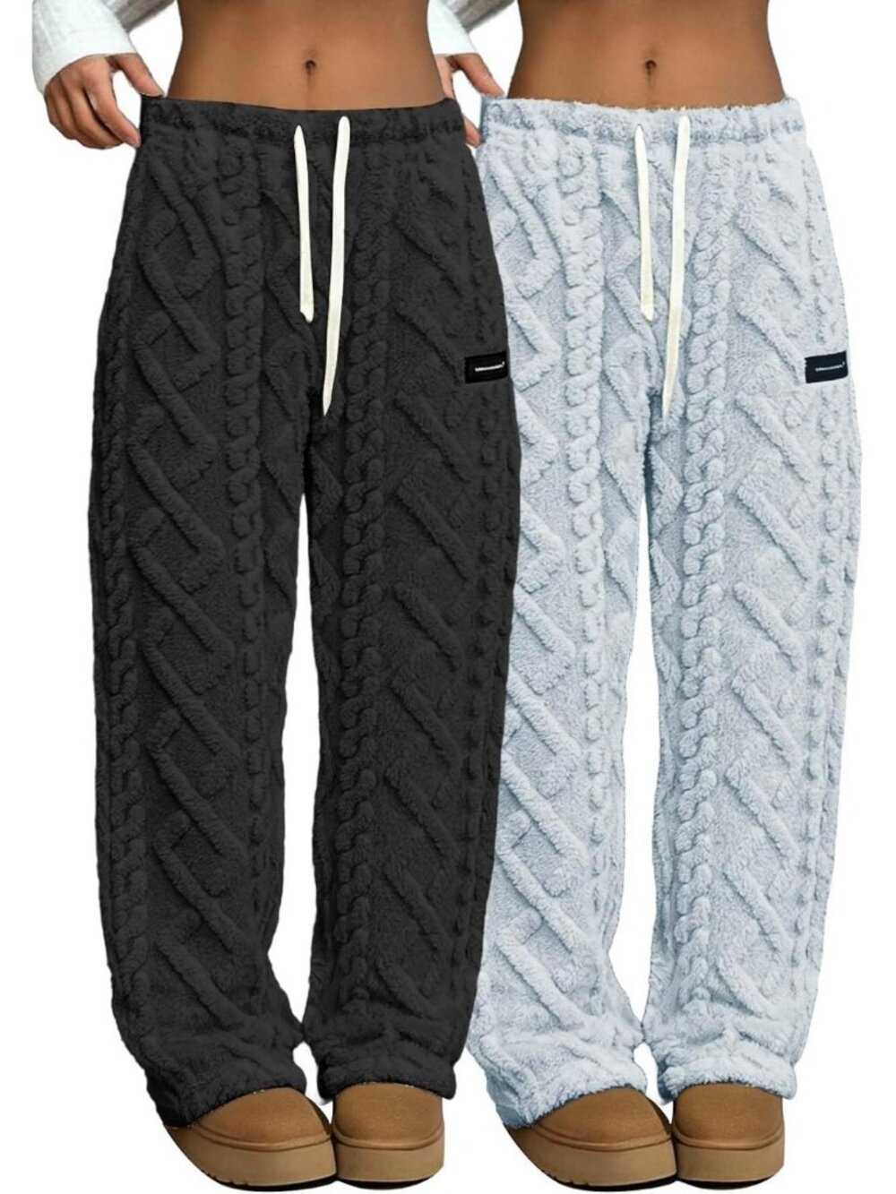 Cozy Cable Knit Wide Leg Lounge Pants | Mid Rise Plush Fleece Winter Pajamas